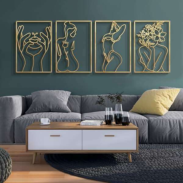 Glamativity 4 Pack Gold Wall Art Decor, Minimalist Single Line Real Metal Wall Art, Woman's Body Shape Abstract Wall Art (Gold Classic Style, 17 x 11.8'') - Image 1