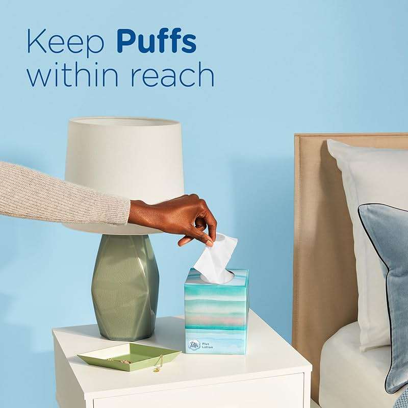 Puffs Facial Tissues Plus Lotion, 4 Mega Cube Boxes, 72 Facial Tissues per Box, Allergies and Colds (Packaging May Vary) - Image 6