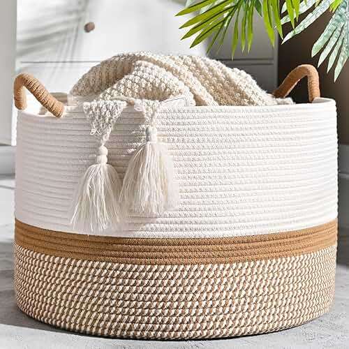 KAKAMAY Large Blanket Basket (20"x13"),Woven Baskets for storage Baby Laundry Hamper, Cotton Rope Blanket Basket for Living Room, Laundry, Nursery, Pillows, Baby Toy chest (White/Brown) - Image 1