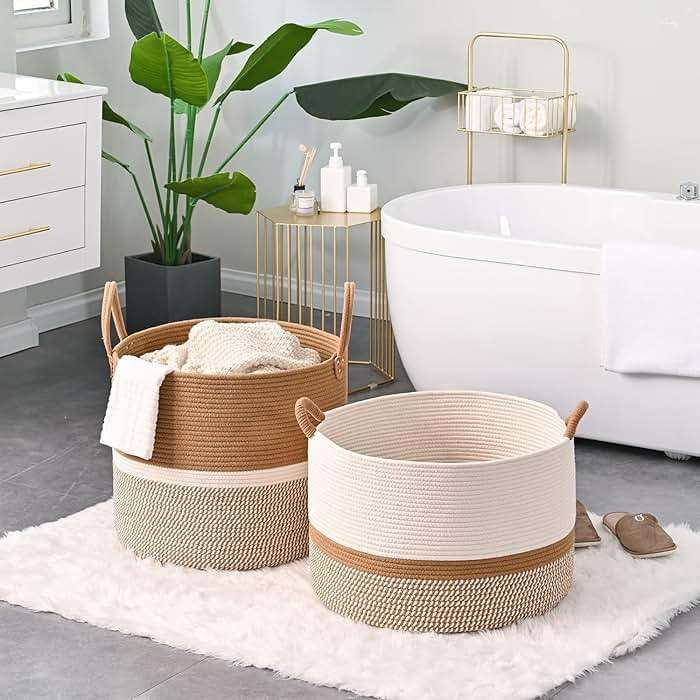 KAKAMAY Large Blanket Basket (20"x13"),Woven Baskets for storage Baby Laundry Hamper, Cotton Rope Blanket Basket for Living Room, Laundry, Nursery, Pillows, Baby Toy chest (White/Brown) - Image 6