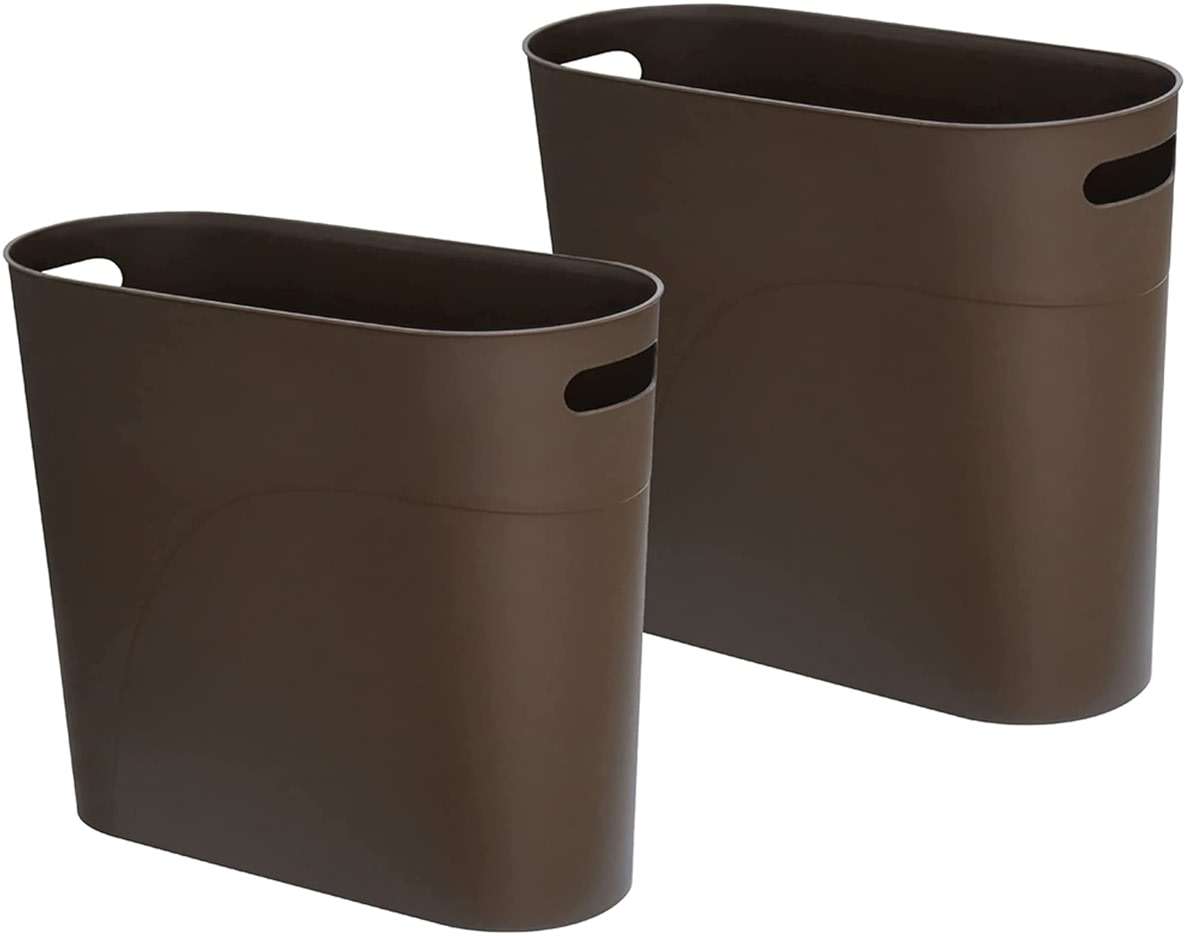 ROYFACC Small Trash Can Plastic Bathroom Wastebasket 3.2 Gallon Slim Garbage Container Bin with Handle for Home Kitchen Bathroom Bedroom Office, 2 Pack (Brown) - Image 1