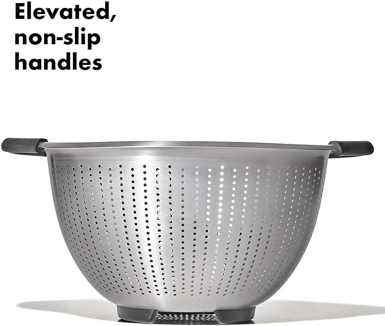OXO Good Grips Stainless Steel Colander, 5 qt. Capacity, Strainer with Non-Slip Handles, Kitchen Colander for Pasta and Vegetables, Nesting Stainless Steel Strainer and Sieve - Image 3