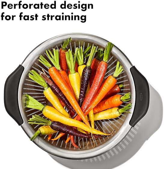 OXO Good Grips Stainless Steel Colander, 5 qt. Capacity, Strainer with Non-Slip Handles, Kitchen Colander for Pasta and Vegetables, Nesting Stainless Steel Strainer and Sieve - Image 4