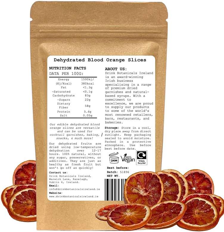 Dehydrated Dried Blood Orange Slices Wheels | 17+ Slices | 100% Natural | Sugar Free, Gluten Free | Dehydrated Citrus for Cocktails, Garnishes, Deserts | 1.76 Oz (50 Grams) | Drink Botanicals Ireland - Image 2