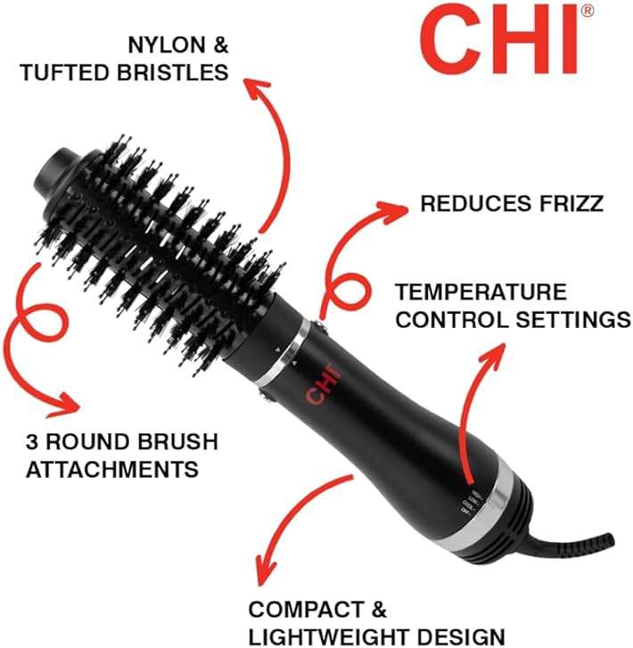 CHI 3-in-1 Round Blowout Brush, Hair Dryer Brush for Smooth, Frizz-Free Hair, 3 Interchangeable Brush Heads & Adjustable Heat Settings - Image 3