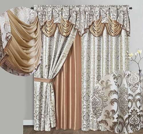 GOHD Samba Star. Jacquard Window Curtain Panel Drape with Attached Fancy Valance and Taffeta Backing. 2pcs Set. Each pc 54" Wide x 90" Drop with 18" Valance. (Sand) - Image 1