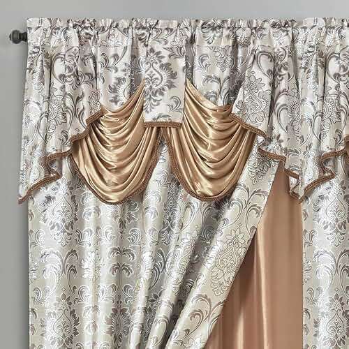 GOHD Samba Star. Jacquard Window Curtain Panel Drape with Attached Fancy Valance and Taffeta Backing. 2pcs Set. Each pc 54" Wide x 90" Drop with 18" Valance. (Sand) - Image 6
