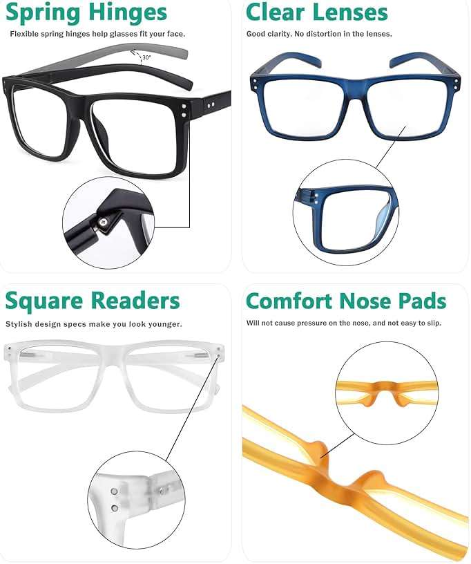 Eyekepper 5-pack Oversized Reading Glasses Square Large Frame Readers for Men and Women +1.50 | Large Frame Reading Glasses in Fun Colors, Clear Lens Ideal for Daily Reading, Durable Readers with Spring Hinges for Comfort - Image 5
