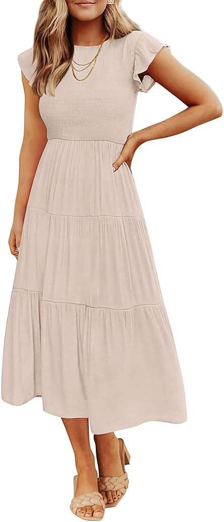 ZESICA Women's 2026 Summer Casual Flutter Short Sleeve Crew Neck Smocked Elastic Waist Tiered Midi Dress - Image 1