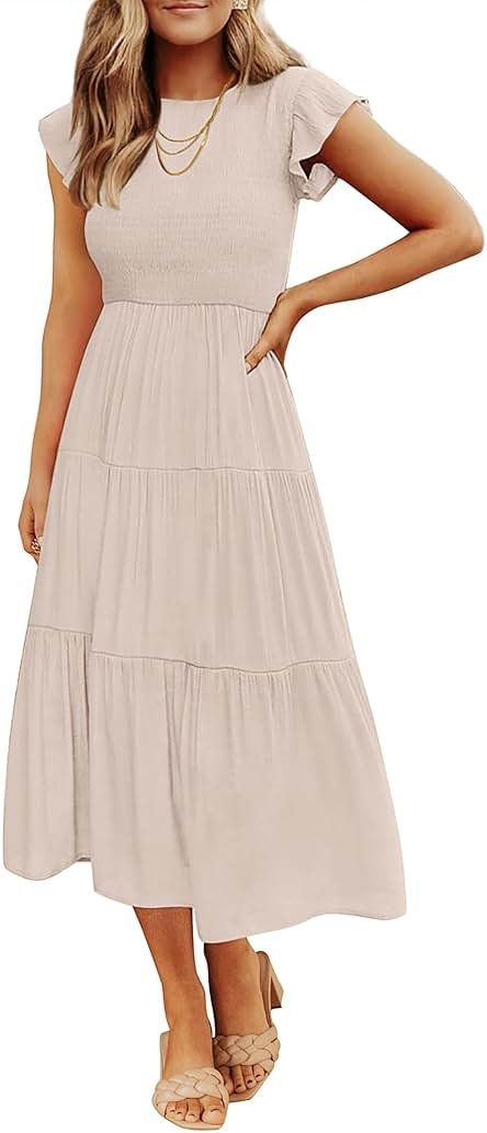 ZESICA Women's 2026 Summer Casual Flutter Short Sleeve Crew Neck Smocked Elastic Waist Tiered Midi Dress - Product Image