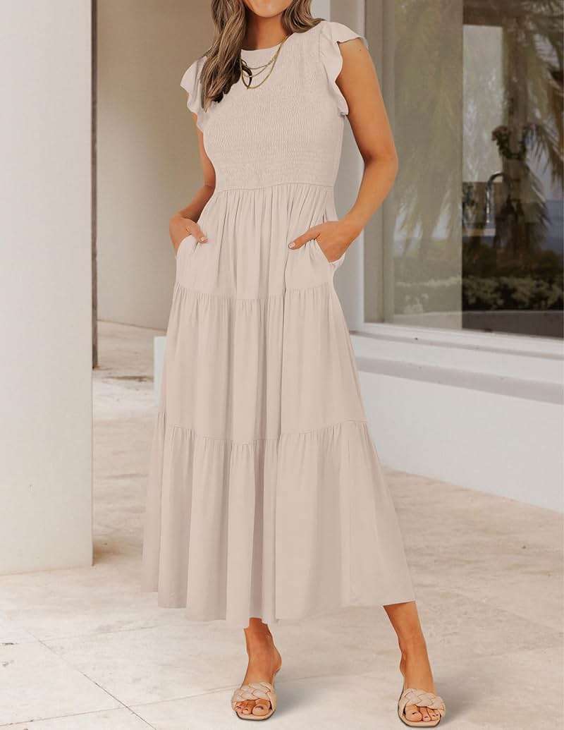 ZESICA Women's 2026 Summer Casual Flutter Short Sleeve Crew Neck Smocked Elastic Waist Tiered Midi Dress - Image 2