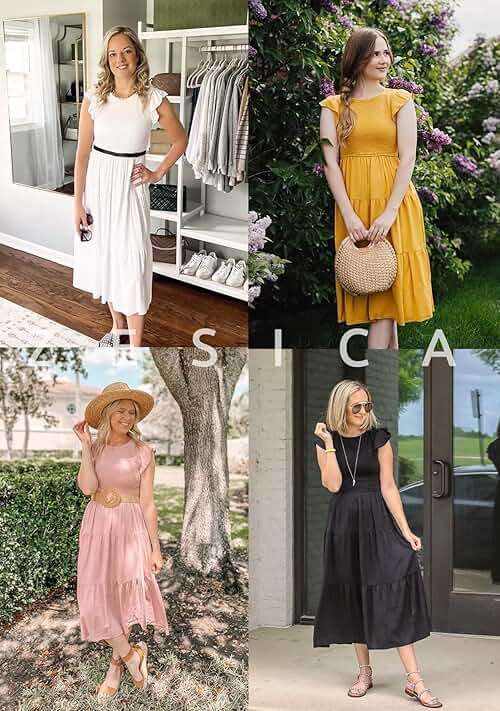 ZESICA Women's 2026 Summer Casual Flutter Short Sleeve Crew Neck Smocked Elastic Waist Tiered Midi Dress - Image 7