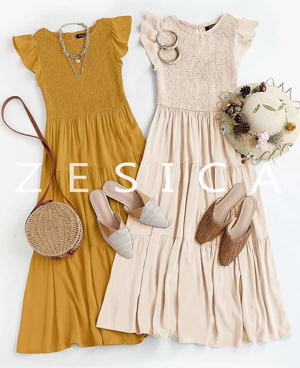 ZESICA Women's 2026 Summer Casual Flutter Short Sleeve Crew Neck Smocked Elastic Waist Tiered Midi Dress - Image 8