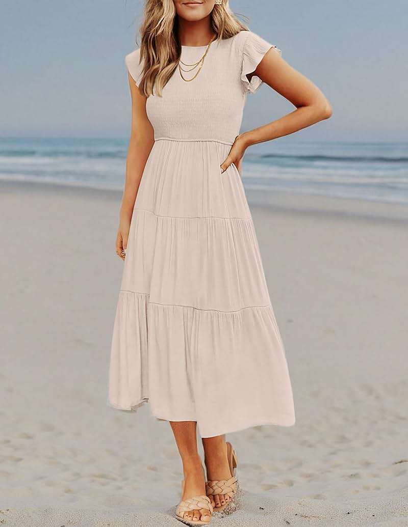 ZESICA Women's 2026 Summer Casual Flutter Short Sleeve Crew Neck Smocked Elastic Waist Tiered Midi Dress - Image 9