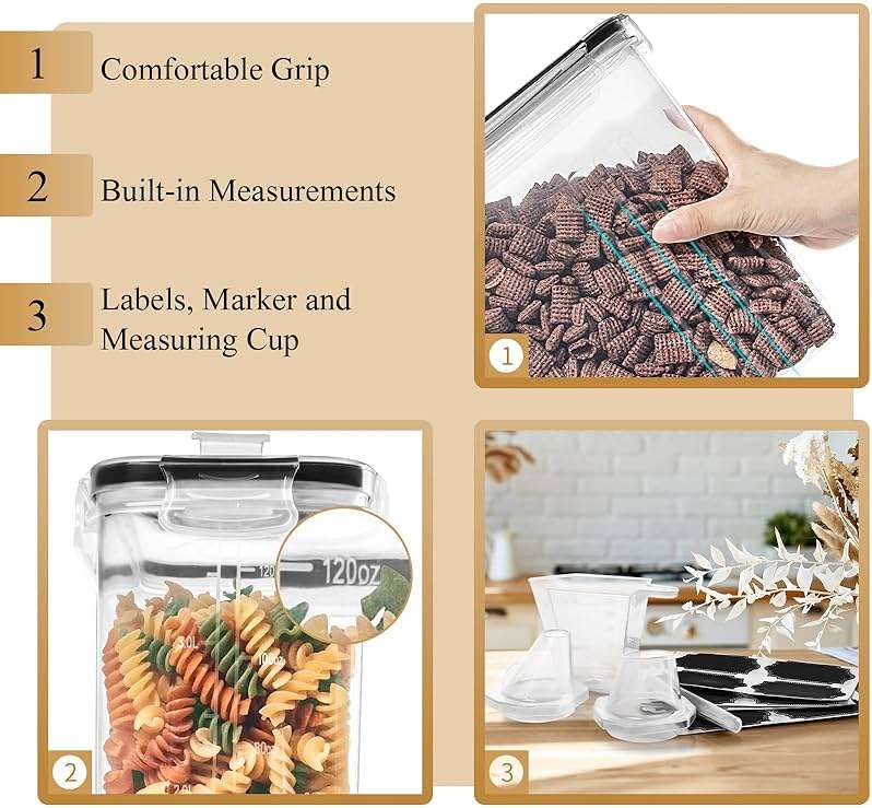 PRAKI Cereal Containers Storage Set (4L,135.2 Oz), 4PCS Airtight Food Storage Containers with Pour Spout for Kitchen & Pantry Organization Cereal Dispensers with 20 labels, Measuring Cup & Marker - Image 4