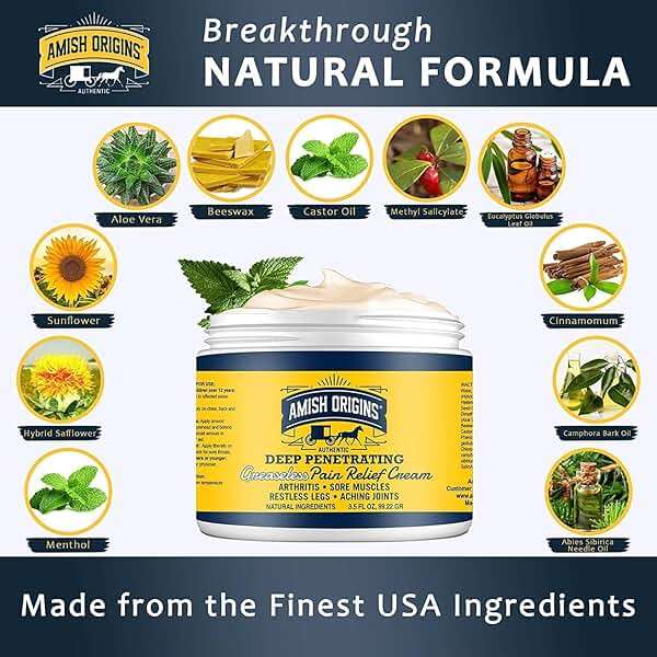 Amish Origins Arthritis Pain Relief Cream - 4 oz - Maximum Strength Deep Penetrating for Joint, Muscle, Knee, Back, Feet, Hand, Ankle, Aches, 1 Pack - Image 2