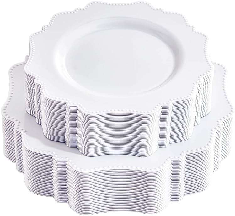 COLOSUS 60PCS White Plastic Plates-Fancy Plastic Beaded Plates,Plastic Premium Hard Plastic Plates for Party, Elegant White plates,Include10.5 Dinner plates & 8.25" Dessert plates for Mother's Day - Image 1