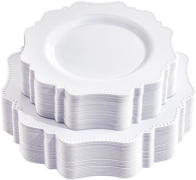 COLOSUS 60PCS White Plastic Plates-Fancy Plastic Beaded Plates,Plastic Premium Hard Plastic Plates for Party, Elegant White plates,Include10.5 Dinner plates & 8.25" Dessert plates for Mother's Day - Product Image