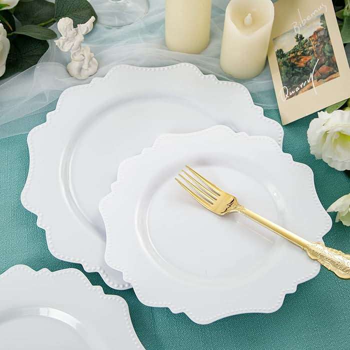 COLOSUS 60PCS White Plastic Plates-Fancy Plastic Beaded Plates,Plastic Premium Hard Plastic Plates for Party, Elegant White plates,Include10.5 Dinner plates & 8.25" Dessert plates for Mother's Day - Image 7