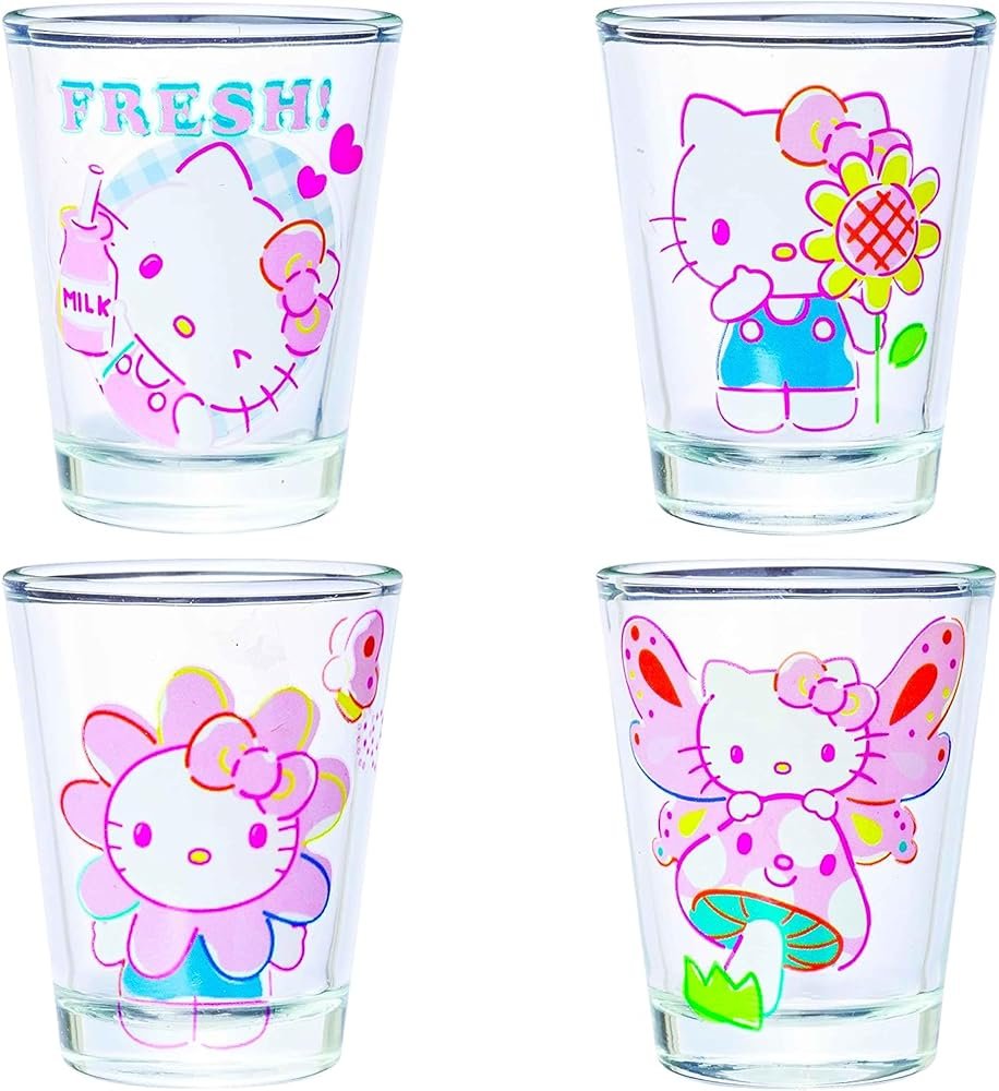 Silver Buffalo Sanrio Hello Kitty Spring Garden Flowers 4 Pack Mini Glass Set, 1.5 Ounces - Product Image