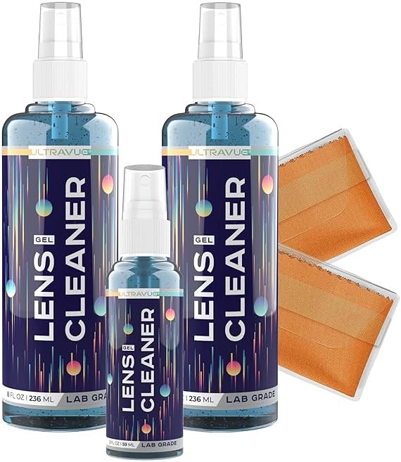 ULTRAVUE Eyeglass Gel Lens Cleaner Spray Kit - 2 x 8oz and 1 x 2oz Gel Eyeglasses Cleaner Spray Bottle + 2 Microfiber Cloth for Cleaning - Safe for All Lenses (AR Coated Included) - Product Image