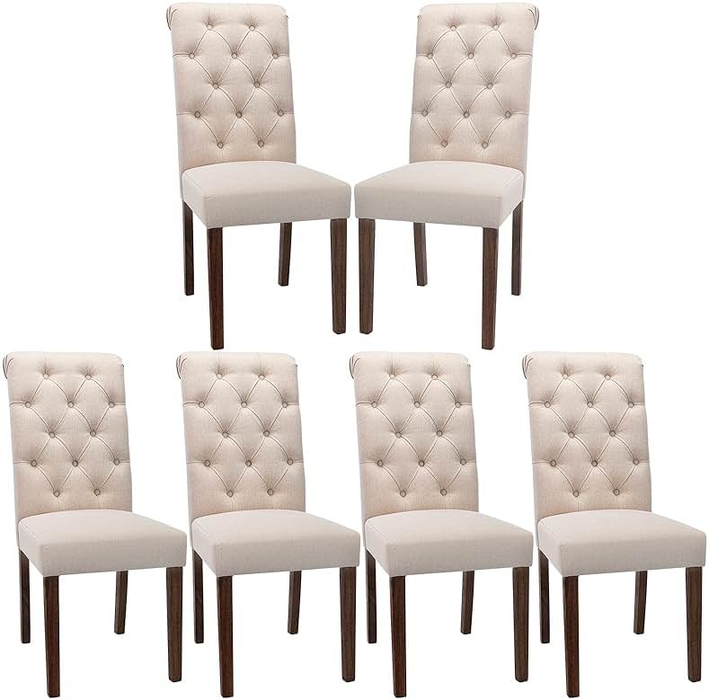 COLAMY Button Tufted Dining Chairs Set of 6, Accent Parsons Diner Chair Upholstered Fabric Dining Room Chairs Stylish Kitchen Chairs with Solid Wood Legs and Padded Seat - Dark Beige - Product Image