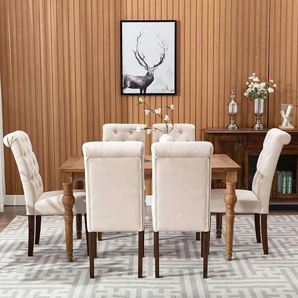 COLAMY Button Tufted Dining Chairs Set of 6, Accent Parsons Diner Chair Upholstered Fabric Dining Room Chairs Stylish Kitchen Chairs with Solid Wood Legs and Padded Seat - Dark Beige - Image 7