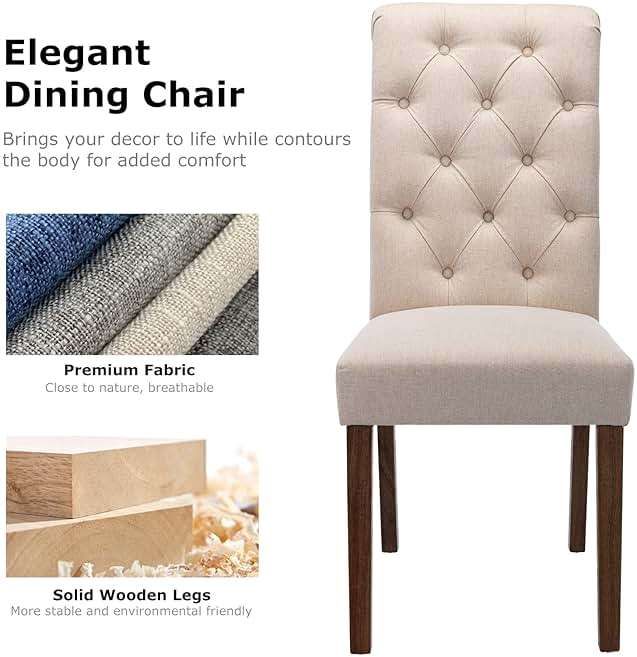 COLAMY Button Tufted Dining Chairs Set of 6, Accent Parsons Diner Chair Upholstered Fabric Dining Room Chairs Stylish Kitchen Chairs with Solid Wood Legs and Padded Seat - Dark Beige - Image 8