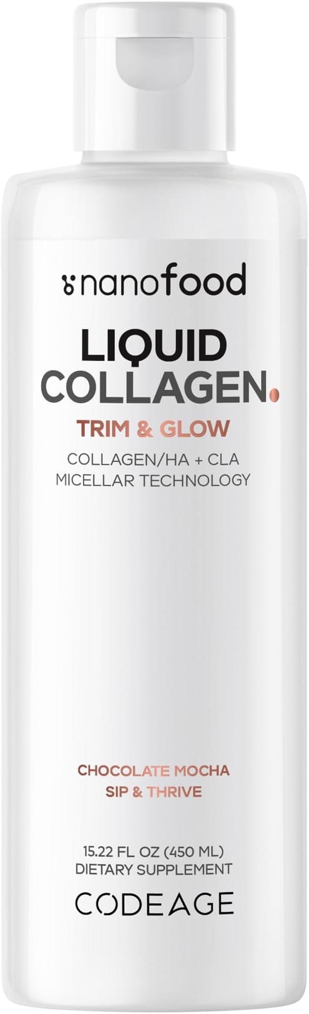 Codeage Liquid Collagen Supplement Chocolate Flavor, Beauty Trim & Glow Liposomal Collagen Peptides, CLA Conjugated Linoleic Acid, Hyaluronic Acid, Vitamin E, Hydrolyzed, Non-GMO, 15.22 fl oz - Product Image