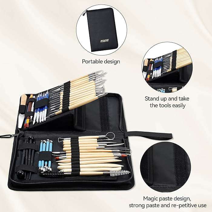 ISSEVE Pottery Clay Sculpting Tools 43Pcs Double Sided Ceramic Clay Carving Tool Set with Upgrade Stand-Up Design Carrying Case for Beginners Professionals School Student Pottery Modeling Smoothing - Image 5