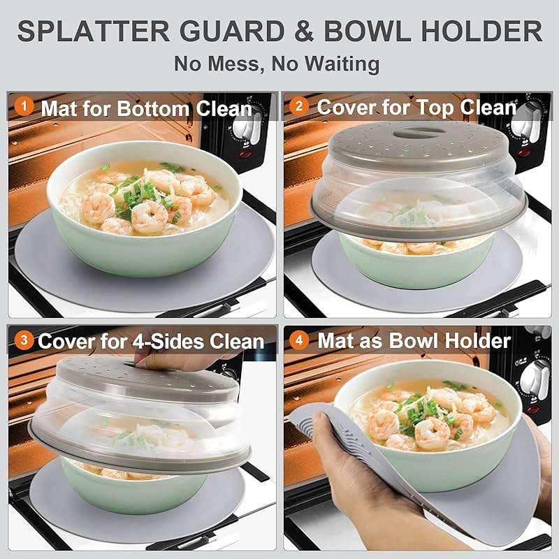 2 in 1, Aidacom Microwave Splatter Cover for Food & Silicone Microwave Mat, Mat as Bowl Holder, Trivet, Pot Holders, Drying, Baking, Utensils Rest for Kitchen Counter, Dishwasher Safe, Grey - Image 2