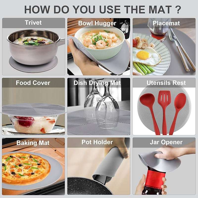 2 in 1, Aidacom Microwave Splatter Cover for Food & Silicone Microwave Mat, Mat as Bowl Holder, Trivet, Pot Holders, Drying, Baking, Utensils Rest for Kitchen Counter, Dishwasher Safe, Grey - Image 3