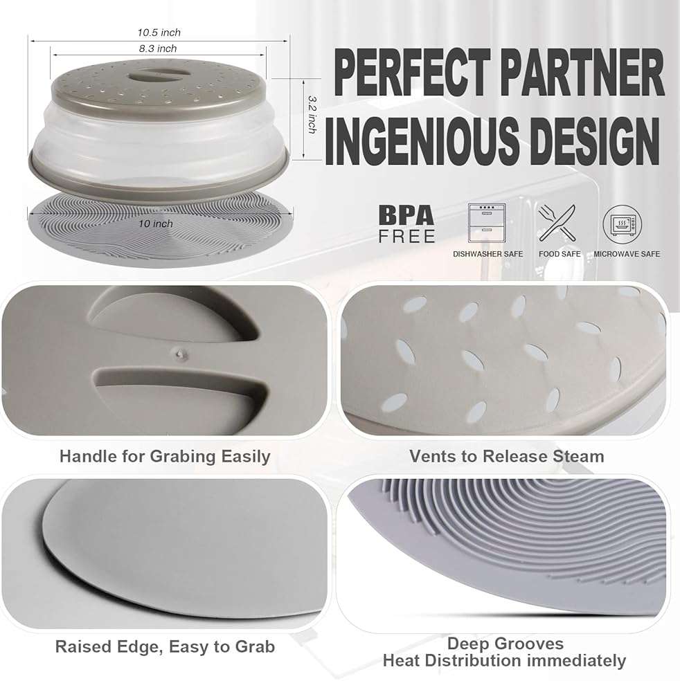2 in 1, Aidacom Microwave Splatter Cover for Food & Silicone Microwave Mat, Mat as Bowl Holder, Trivet, Pot Holders, Drying, Baking, Utensils Rest for Kitchen Counter, Dishwasher Safe, Grey - Image 6