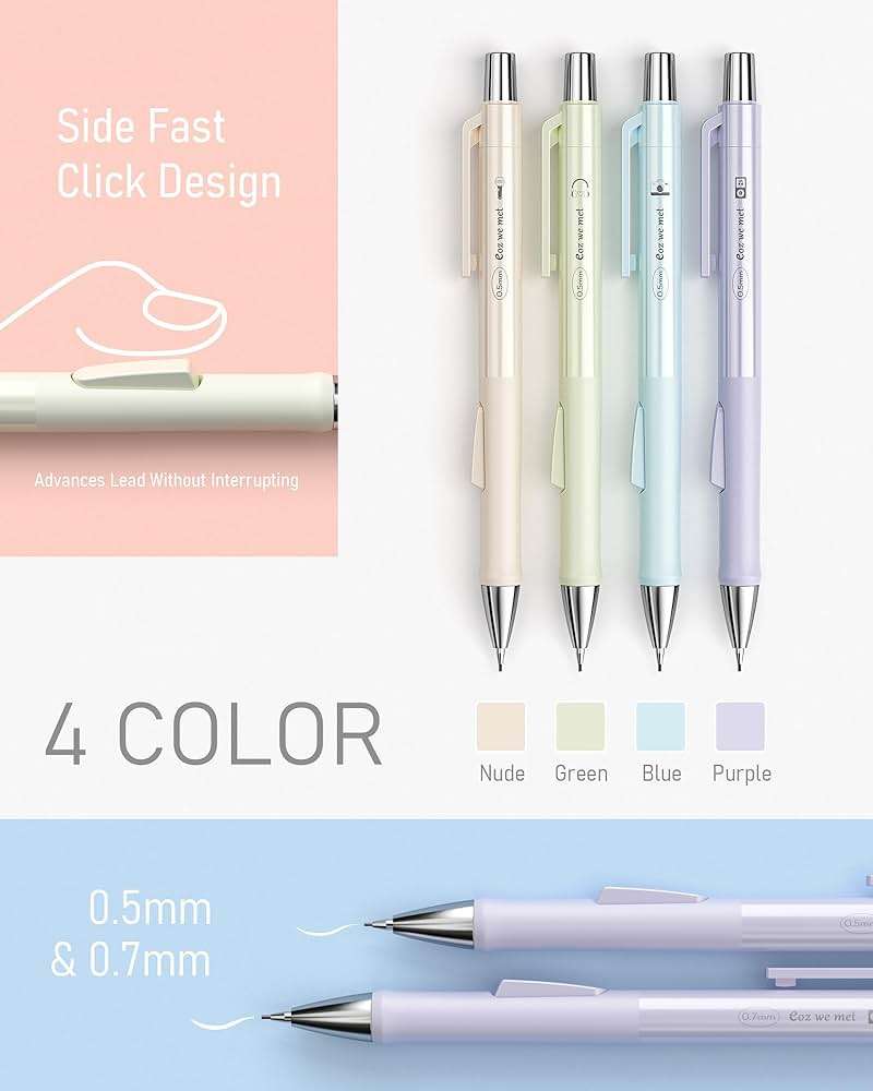 Nicpro 4 PCS Pastel Mechanical Pencil 0.7mm, Cute Fast Click Mechanical Pencils Set with 8 Tubes HB Lead Refills, Erasers, Eraser Refills for School, Student Writing, Drawing, Sketching - with Case - Image 3