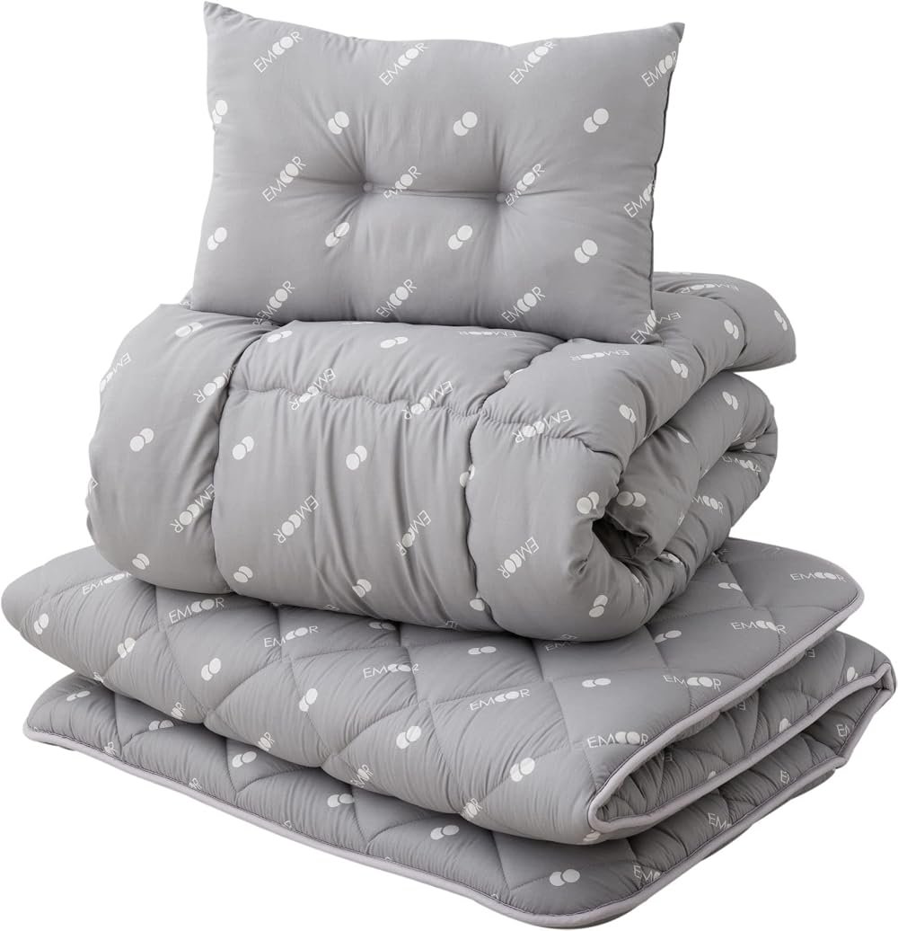 EMOOR Japanese Futon Set (Mattress, Comforter, Pillow) Twin-XL, Made in Japan, Gray with Logo, CLASSE III Foldable Sleeping Bed Tatami Mat Shikibuton - Product Image