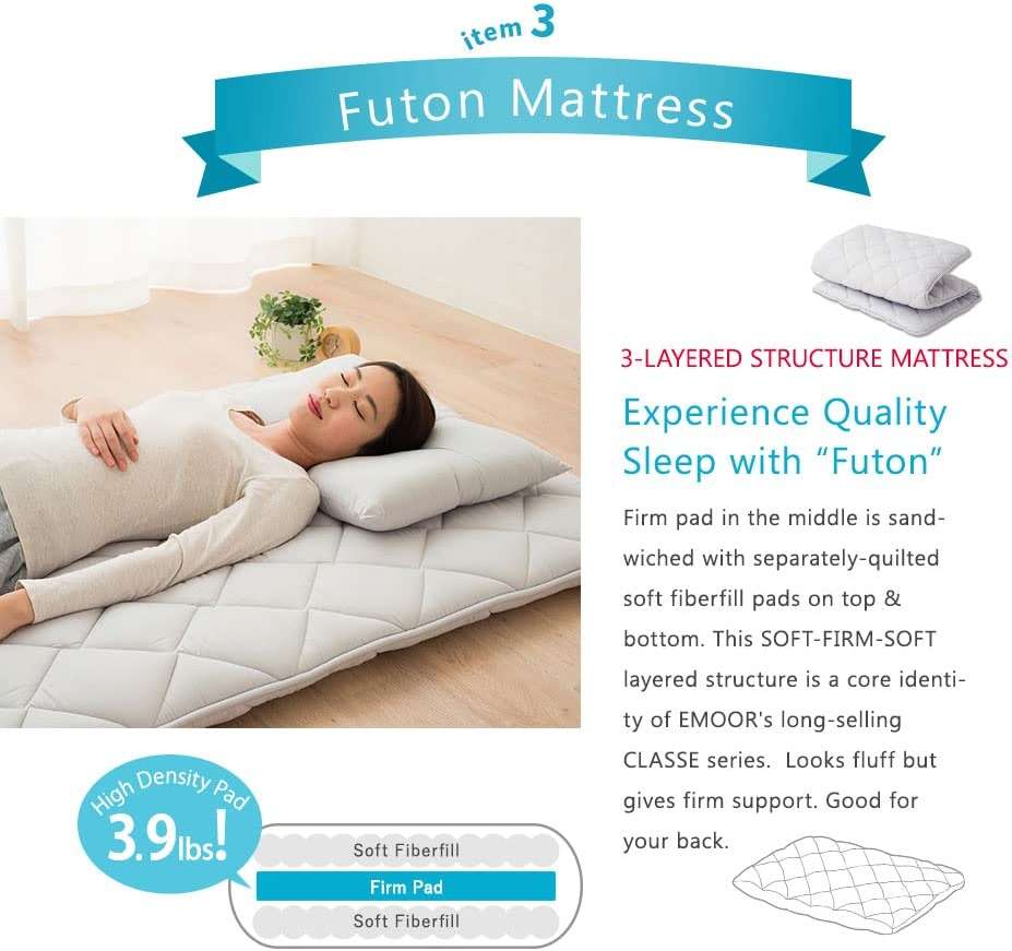 EMOOR Japanese Futon Set (Mattress, Comforter, Pillow) Twin-XL, Made in Japan, Gray with Logo, CLASSE III Foldable Sleeping Bed Tatami Mat Shikibuton - Image 5
