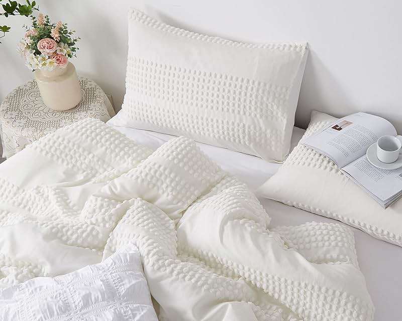 Cupocupa Queen Comforter Set White Comforters Queen Size Sets Boho Tufted Shabby Chic Vintage Farmhouse Bedding Set Soft Fluffy Lightweight Comforter with 2 Pillow Cases for All Season - Image 5