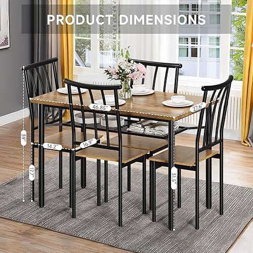 IDEALHOUSE 5 Piece Dining Table Set for 4, Kitchen Table and Chairs for 4 with Storage Rack, Metal and Wood Rectangular Dining Room Table Set for Kitchen, Dining Room, Dinette, Rustic Brown - Image 4