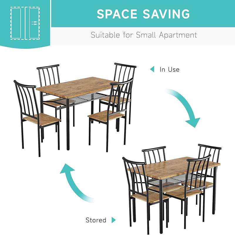 IDEALHOUSE 5 Piece Dining Table Set for 4, Kitchen Table and Chairs for 4 with Storage Rack, Metal and Wood Rectangular Dining Room Table Set for Kitchen, Dining Room, Dinette, Rustic Brown - Image 5