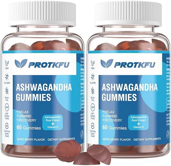 ProTKFU 2 Pack Ashwagandha Gummies & Vitamin D3 Gummies Organic Aswangdha Supplement for Improve Sleep, Stress Relief & Mood Calm (Non-GMO, Gluten-Free & Sugar Free) - Product Image