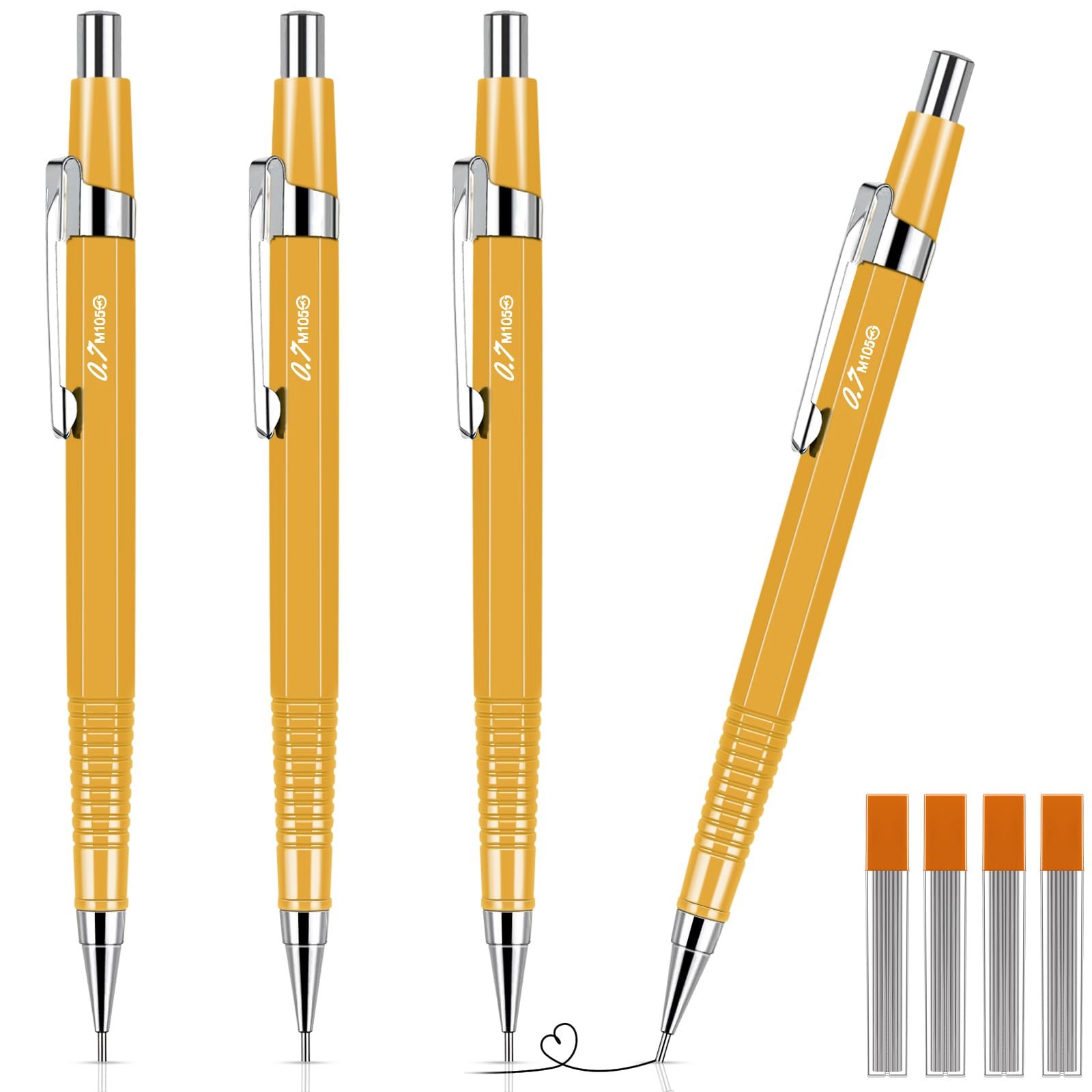 Outus 4 Pack Yellow Metal Mechanical Pencils, 0.9 mm Leads - Non-slip Grip, Retractable, Includes Refills for Drafting Sketching & Illustration Supplies - Product Image