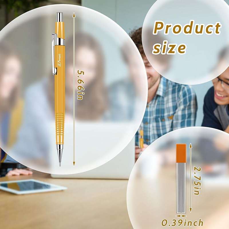 Outus 4 Pack Yellow Metal Mechanical Pencils, 0.9 mm Leads - Non-slip Grip, Retractable, Includes Refills for Drafting Sketching & Illustration Supplies - Image 3