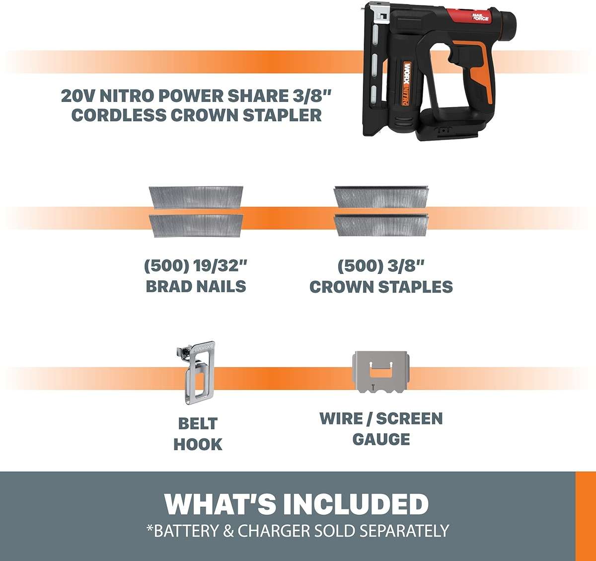 Worx Nitro 20V Power Share 3/8” Cordless Crown Stapler with Air Impact Technology - WX843L.9 (Tool Only) - Image 4