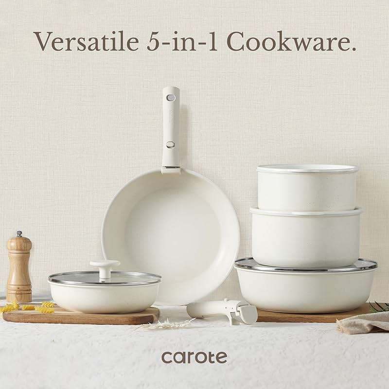 CAROTE 19pcs Pots and Pans Set, Nonstick Cookware Set Detachable Handle, Induction Kitchen Cookware Sets Non Stick with Removable Handle, RV Cookware Set, Oven Safe - Image 7