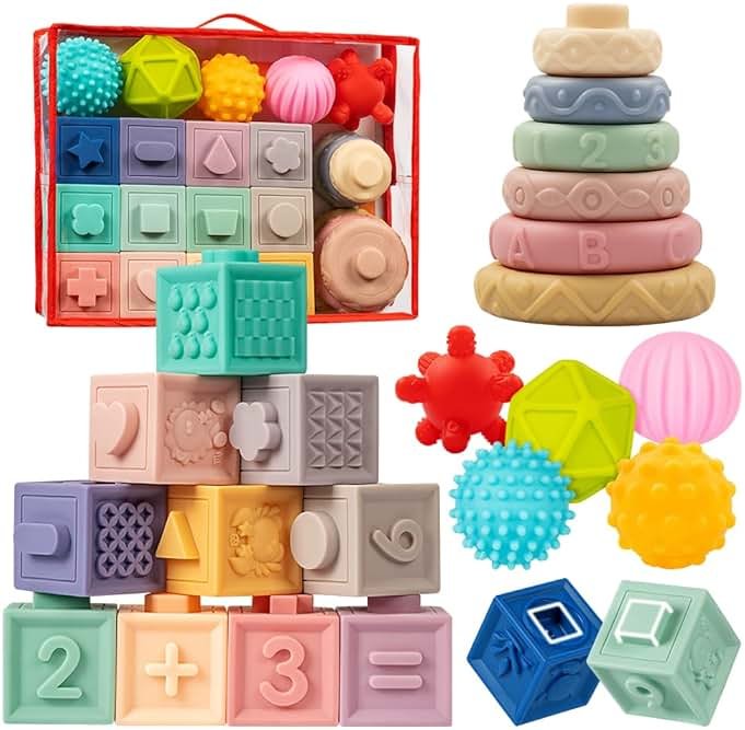 Jyusmile Baby Toys 6-12 Months, Montessori Toy for Babies 6-12 Months, Incl Stacking Building Blocks & Soft Infant Teething Toys & Sensory Balls for Toddlers 0-3-6-9-12 Month - Product Image