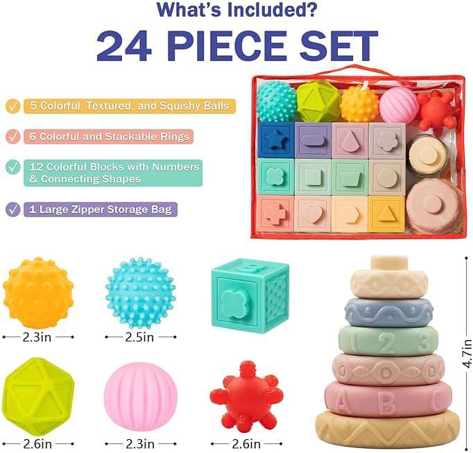 Jyusmile Baby Toys 6-12 Months, Montessori Toy for Babies 6-12 Months, Incl Stacking Building Blocks & Soft Infant Teething Toys & Sensory Balls for Toddlers 0-3-6-9-12 Month - Image 3