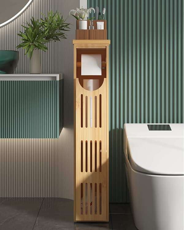 AmazerBath Toilet Paper Storage Cabinet Bamboo, Toilet Paper Holder with Storage for Small Spaces, Slim Bathroom Storage Cabinet, 33x7.3x6.5 Inches - Image 1