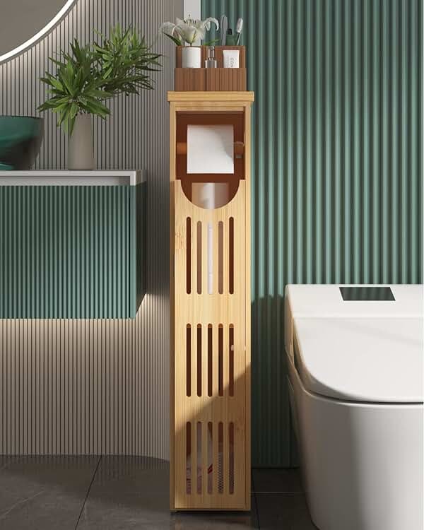 AmazerBath Toilet Paper Storage Cabinet Bamboo, Toilet Paper Holder with Storage for Small Spaces, Slim Bathroom Storage Cabinet, 33x7.3x6.5 Inches - Product Image