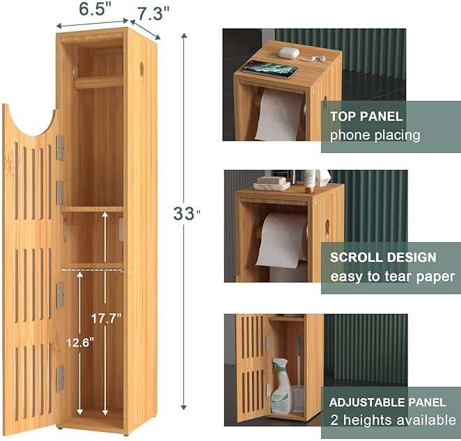 AmazerBath Toilet Paper Storage Cabinet Bamboo, Toilet Paper Holder with Storage for Small Spaces, Slim Bathroom Storage Cabinet, 33x7.3x6.5 Inches - Image 2
