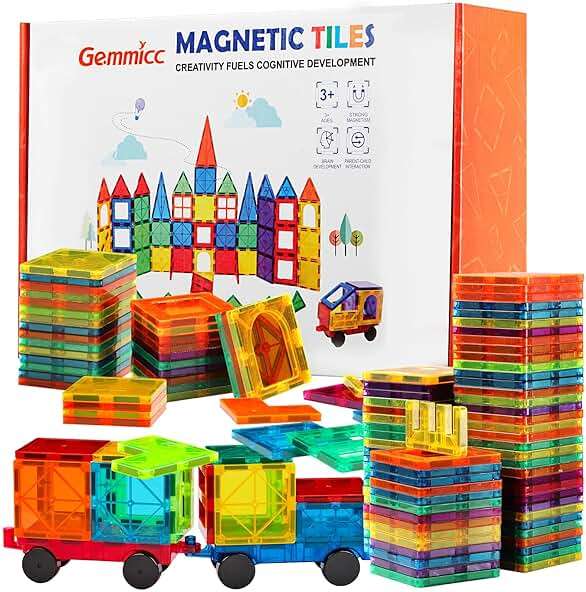 Gemmicc 100 PCS Magnetic Tiles with 2 Cars, STEM Approved Educational Magnet BuildingToys, Magnet Puzzles Stacking Blocks for Boys Girls - Image 1